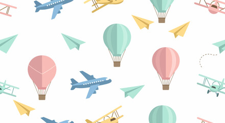 Seamless pattern of pastel hot air balloons, airplanes, and paper planes, flat cartoon style. © Amir