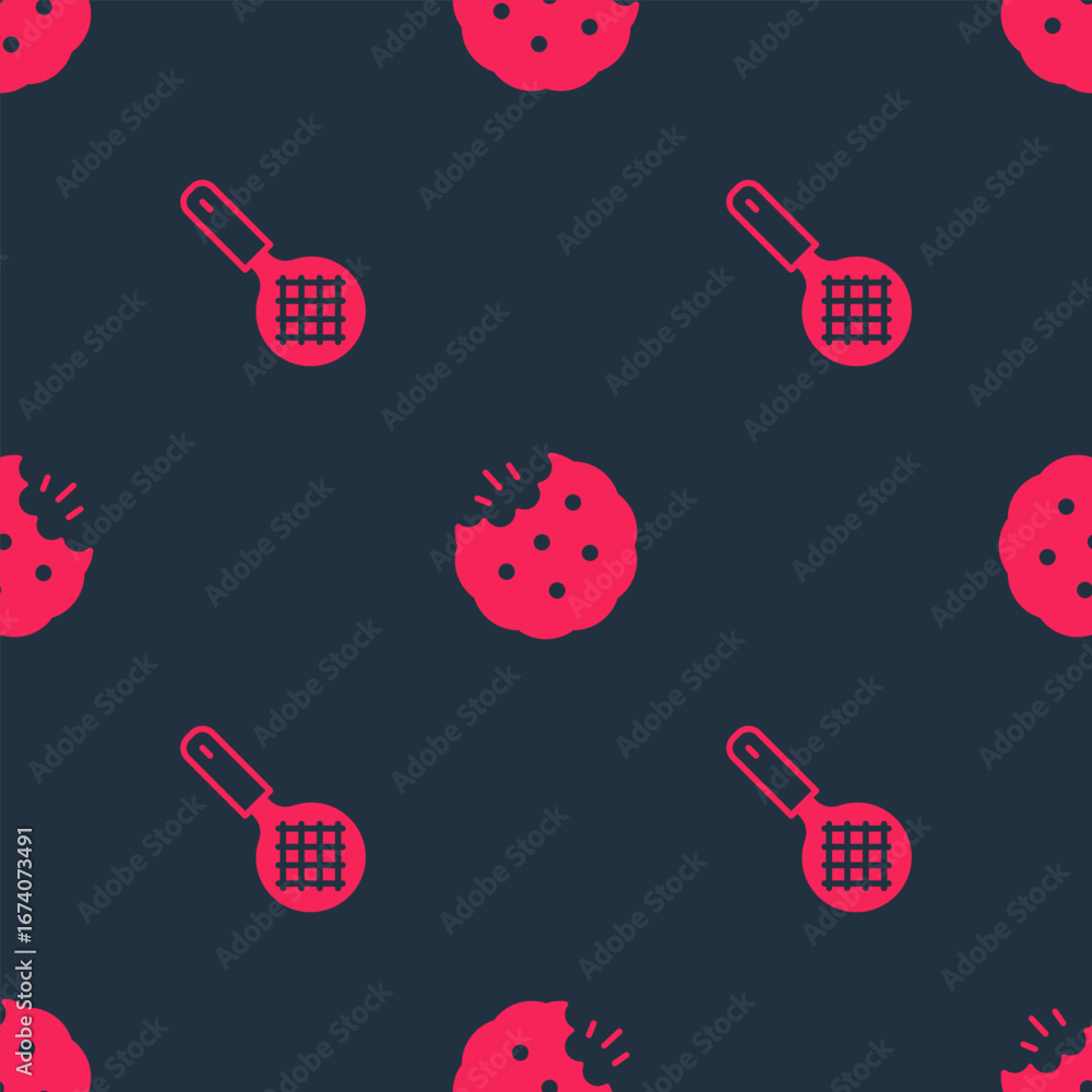 Aufkleber set tea strainer with handle and cookie or biscuit on seamless pattern. vector