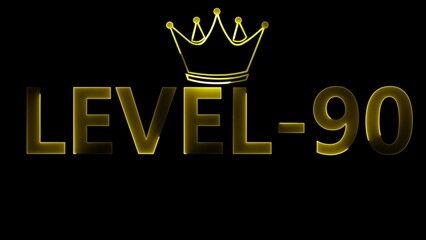 Golden Level 90 Text with Crown Emblem on Black Background golden text achievement