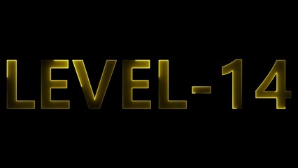 Glowing yellow L E V E L 14 text on black background level 14 lettering