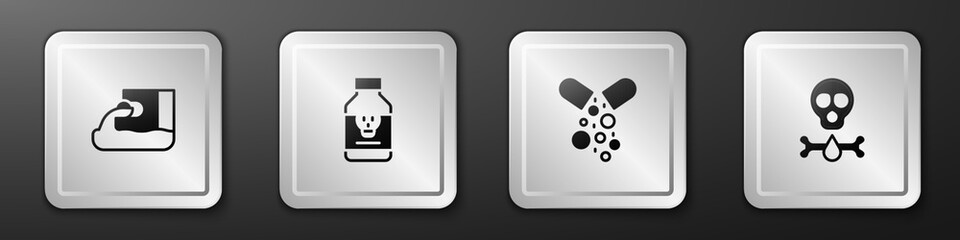 Set Wastewater, Poisoned pill, and Bones and skull icon. Silver square button. Vector