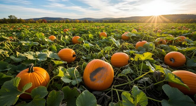 Autumn Pumpkin Patch at Sunset.