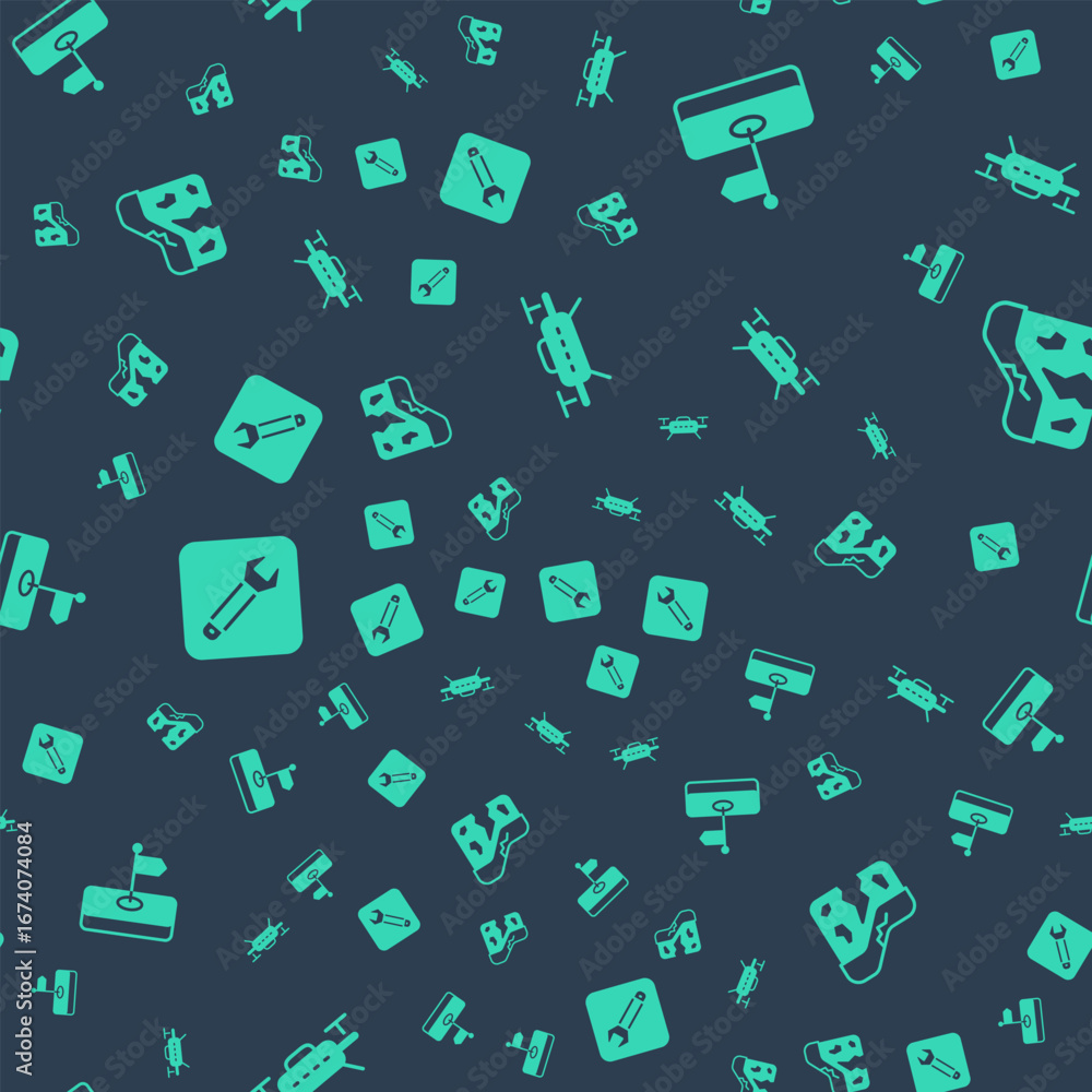 Poster set drone, flag, wrench spanner and geological fault on seamless pattern. vector