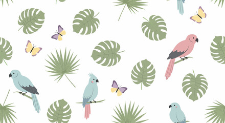 Seamless tropical pattern of illustrated pink and blue parrots, green monstera leaves, and delicate yellow butterflies.
