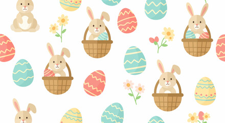 Adorable Easter Bunnies in Wicker Baskets with Decorated Eggs.