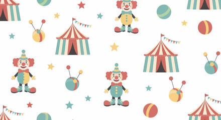 Whimsical seamless pattern featuring colorful striped circus tents, cheerful clowns, and playful balls.