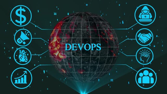 Dev Ops concept global network technology business growth collaboration innovation cybersecurity financial success marketing strategy human resources digital transformation