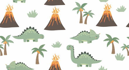 Cute cartoon dinosaur seamless pattern with erupting volcanoes and tropical palm trees.