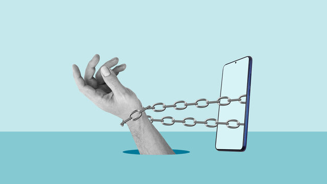 Social media dependency, technological captivity and societal pressure. Digital addiction, despair and loss of life control - Powered by Adobe
