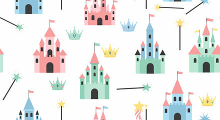 Colorful Cartoon Castles, Crowns, and Wands Pattern.