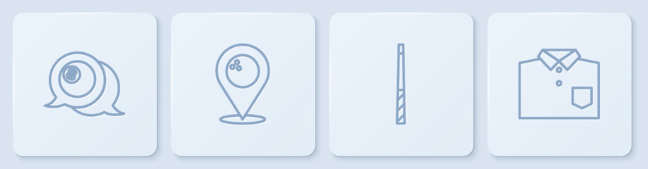 Set line Billiard ball, cue, Location with bowling and Bowling shirt. White square button. Vector