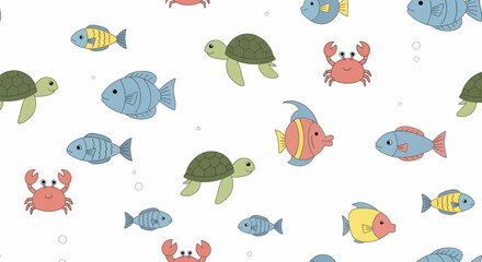 Cartoon Sea Life Pattern - Fish, Turtles, and Crabs on White Background.