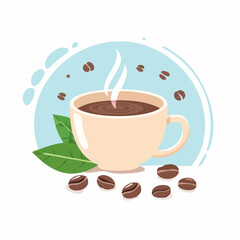 Obraz premium A steaming cup of coffee with scattered beans and fresh green leaves.