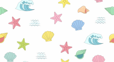 Whimsical Cartoon Beach Elements - Starfish, Seashells, and Waves Pattern.