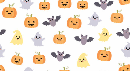 Cute Halloween Pattern with Pumpkins, Ghosts, and Bats.
