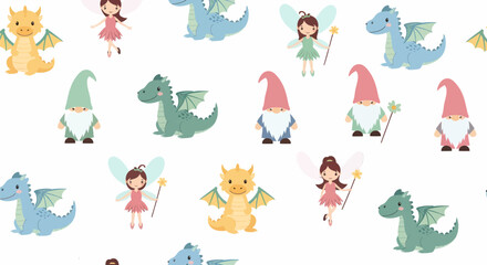Whimsical Pattern of Dragons, Fairies, and Gnomes in Pastel Colors.