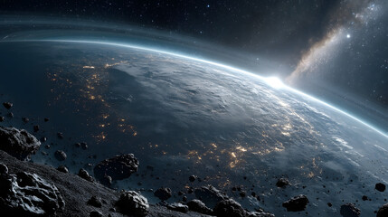 Fototapeta premium earth, planet, globe, space, world, map, night, blue, 3d, sun, sphere, global, universe, sea, atmosphere, light, ocean, europe, sky, astronomy, nature, stars, sunrise, continent, science