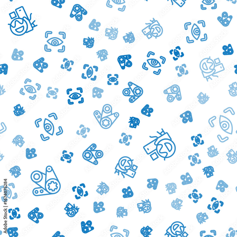 Poster set line timing belt kit, basic geometric shapes and eye scan on seamless pattern. vector
