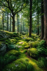 Fototapeta premium Sunlit forest path through mossy rocks