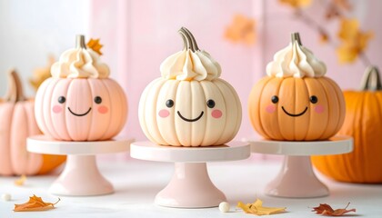 Three adorable kawaii pumpkin desserts with smiling faces and whipped cream toppings on pink cake stands, perfect for autumn and Halloween celebrations