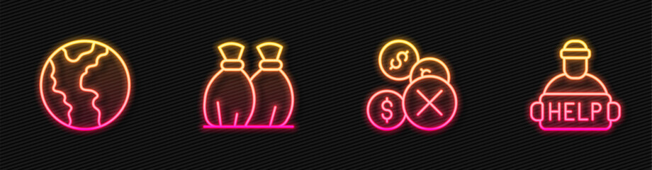 Set line No money, Global economic crisis, Garbage bag and Help homeless. Glowing neon icon. Vector