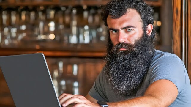 Man with Long Beard Working on Laptop in Bar
