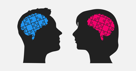 Head woman and man made puzzle pieces, brain, idea