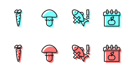 Set line No fish, Carrot, Mushroom and World Vegetarian day icon. Vector