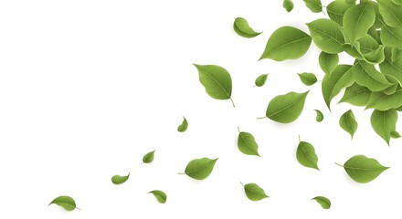 Green leaves scattered across a white background, creating a sense of movement and freshness, isolated on white background