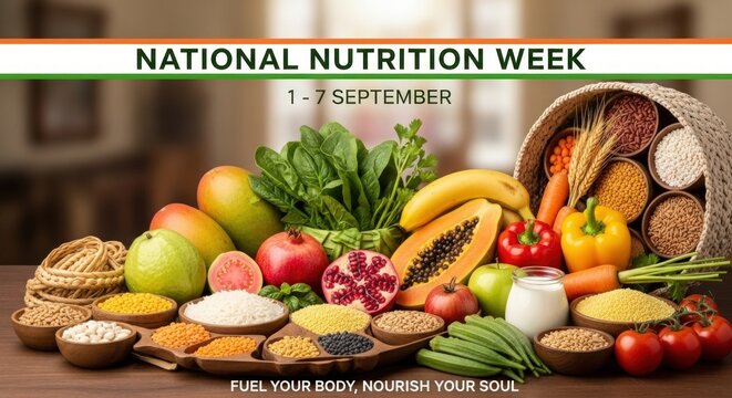 Fresh fruits vegetables and grains for national nutrition week celebration - Powered by Adobe