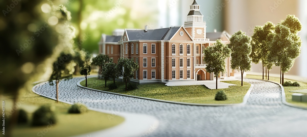 Poster architectural model of university campus building with trees and pathway design project miniature sc