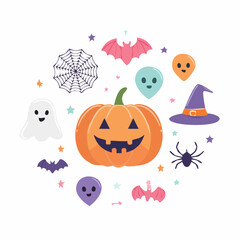 A cheerful collection of Halloween icons including a carved pumpkin, ghost, bats, spiders, witch hat, and stars arranged in a circular pattern.