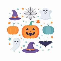 Obraz premium A cheerful collection of Halloween icons including carved pumpkins, friendly ghosts, witch hats, a bat, and a spiderweb, all set against a backdrop of colorful stars.