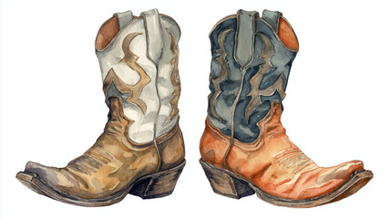 Vector illustration, watercolor clipart of vintage cowboy boots, on white background
