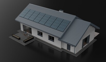 Solar cells, house, roof, 3D illustration