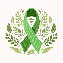 An illustrative green awareness ribbon encircled by lush foliage and natural elements, symbolizing support and hope.