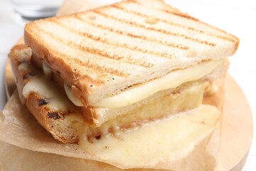 Tasty sandwich with melted cheese on table, closeup