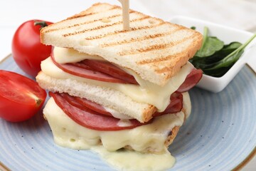 Delicious sandwich with melted cheese, ham, tomatoes and spinach on table, closeup