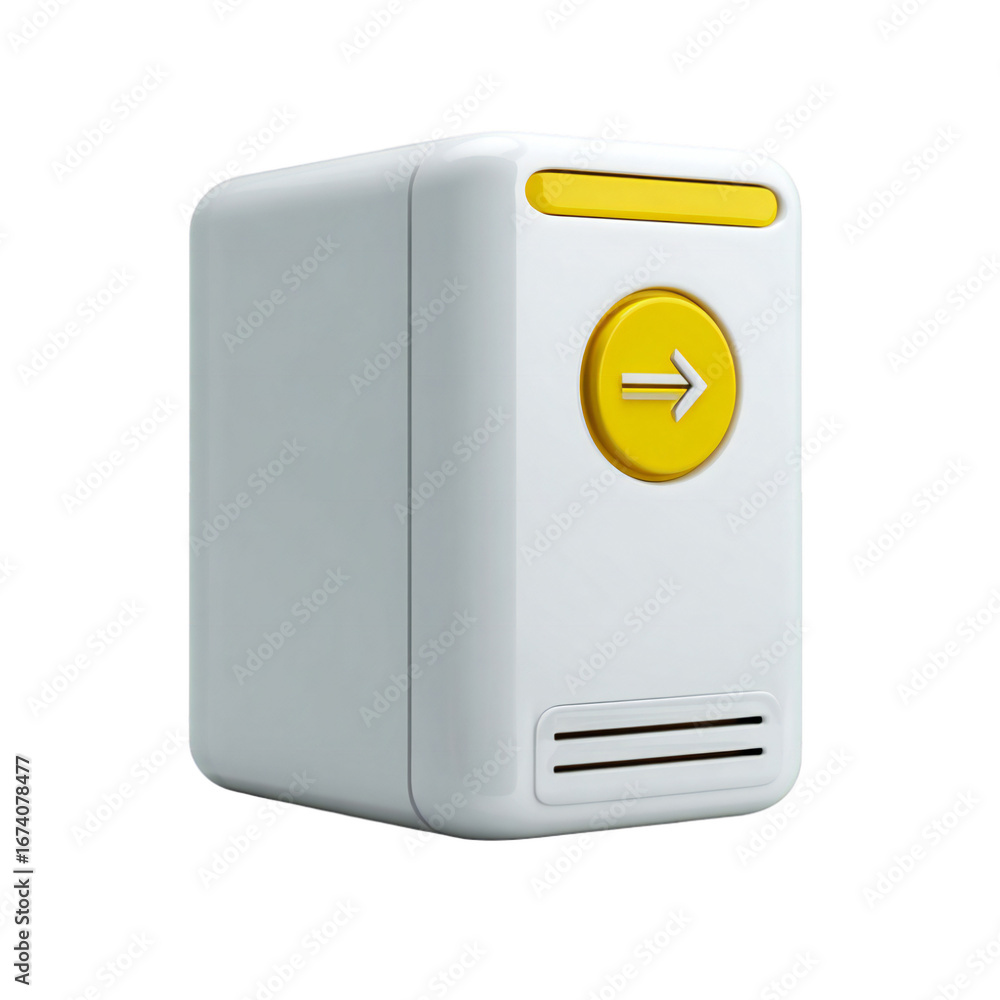 Poster a modern white and yellow device with a circular button and arrow symbol, isolated on transparent ba