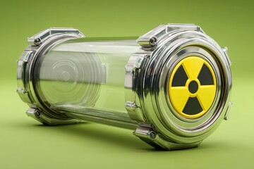 Metallic, glass tube with radiation symbol