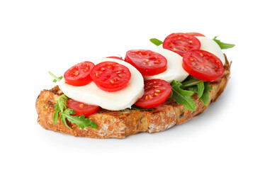 Delicious sandwich with mozzarella cheese, tomato and arugula isolated on white