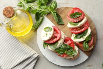 Delicious sandwiches with mozzarella cheese, tomatoes and basil on grey textured table, flat lay
