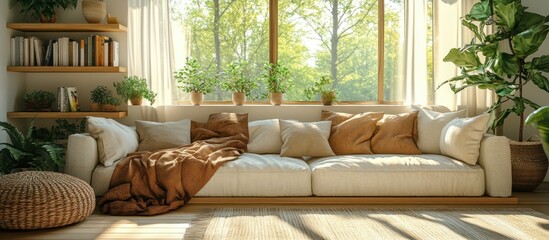 Cozy, sun-drenched living room with a comfy sofa.