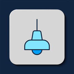 Filled outline Lamp hanging icon isolated on blue background. Ceiling lamp light bulb. Vector