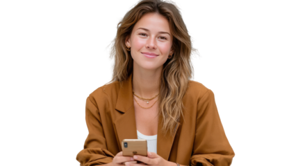 Smart Glance: A poised and contemporary woman, dressed in stylish attire, fixates on her mobile phone, exuding an air of confident modernity.