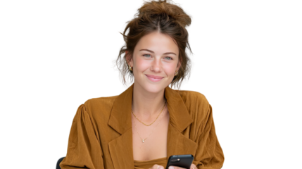Smart Woman with a Mobile Phone: A confident woman, casually dressed, looks directly at the camera with a gentle smile while holding a mobile phone, suggesting connection, communication.
