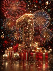 golden numbers celebrate new years with fireworks and cheerful decorations all around