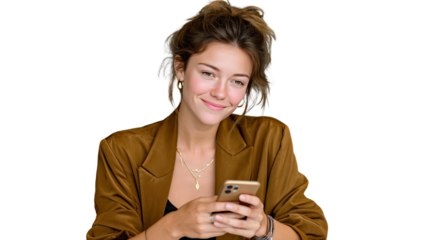 Smiling Young Woman on Phone: A young woman, exuding charm and confidence, is captured in a close-up, using her phone with a gentle smile and a radiant expression.