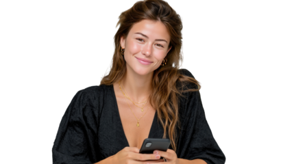 Smiling and Texting: Portrait of a cheerful woman engrossed in her phone, radiating positivity and modern lifestyle.