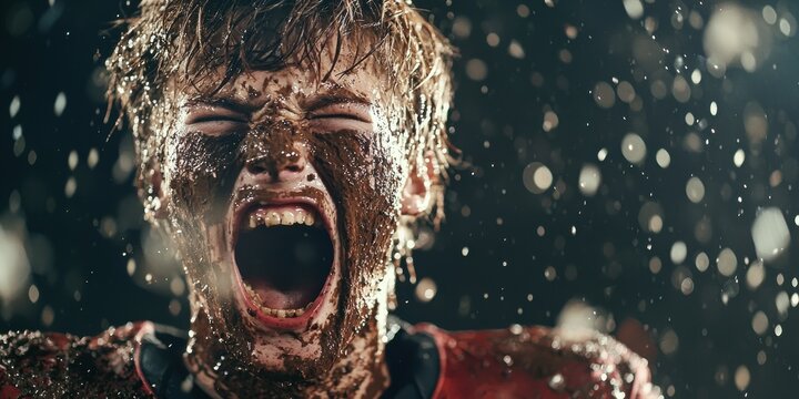 A fierce young athlete, covered in mud, passionately screams in a dynamic, rain-like atmosphere, showcasing determination and intensity.